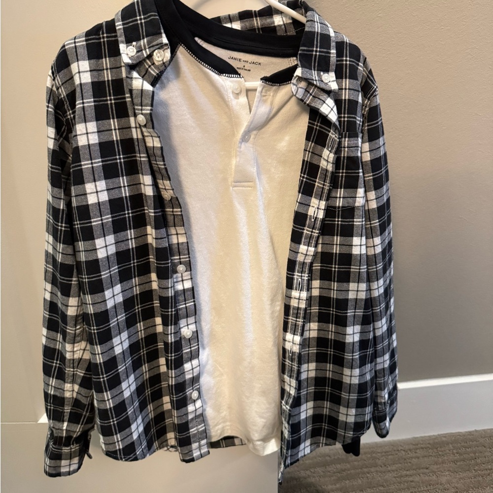 Black and White Plaid Boys Shirt & Matching Henley Sz 8